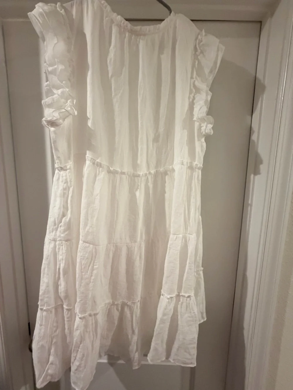 White Ruffle Tiered Cotton Peasant Dress - Picture 4 of 6